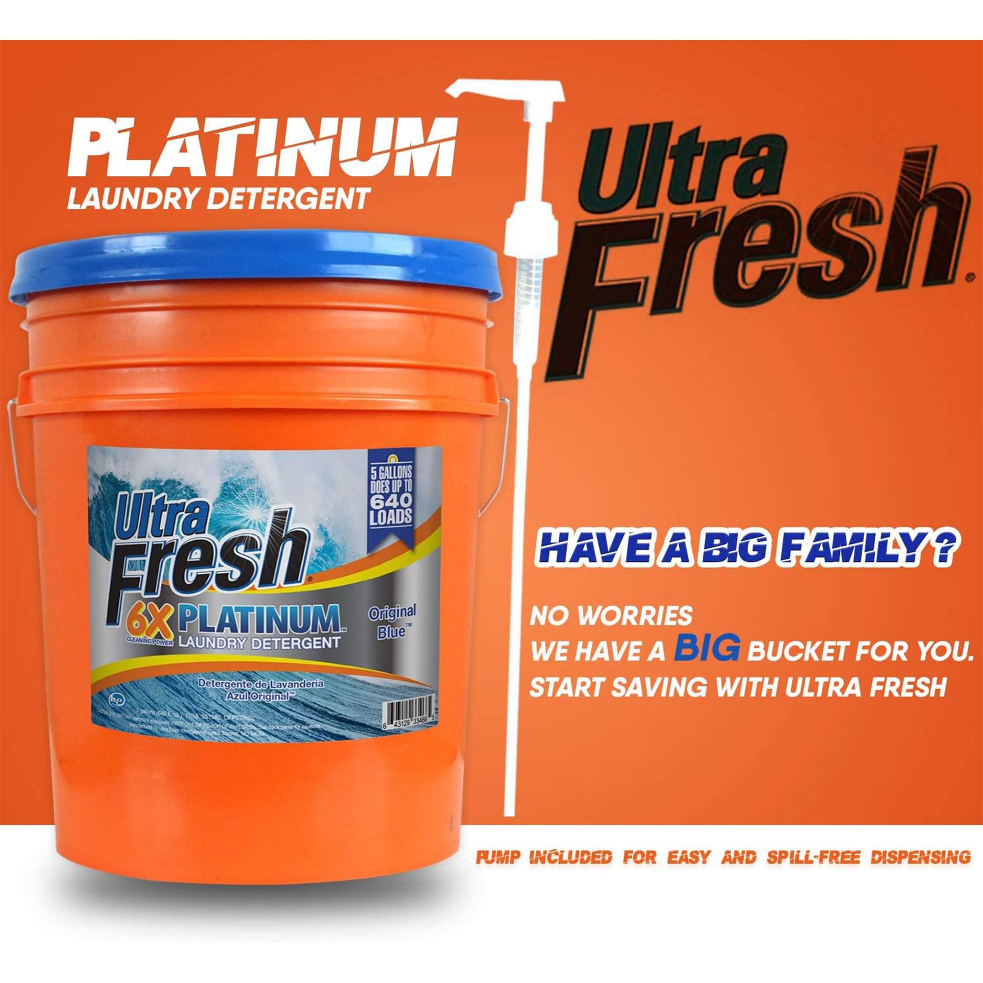 Ultra Fresh 5 Gallon Liquid Laundry Detergent Washing Soap for All Machine Types, 6X Platinum, Up to 640 Loads, Original Blue