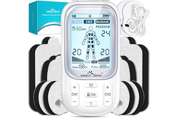 Rechargeable TENS Machine: Easy@Home Electric Muscle Stimulator Unit - EMS Pulse Massager for Pain Therapy & Muscle Relief -
