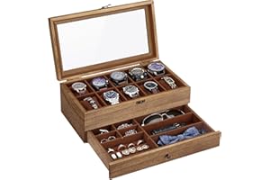 Somduy Wooden Watch Box with 10 Slots, 2-Tier Watch Display Case for Large Dial Watches, Christmas Gifts, Watch Box Organizer with Glass Lid, Removable Velvet Watch Pillows, Jewelry Box, Walnut