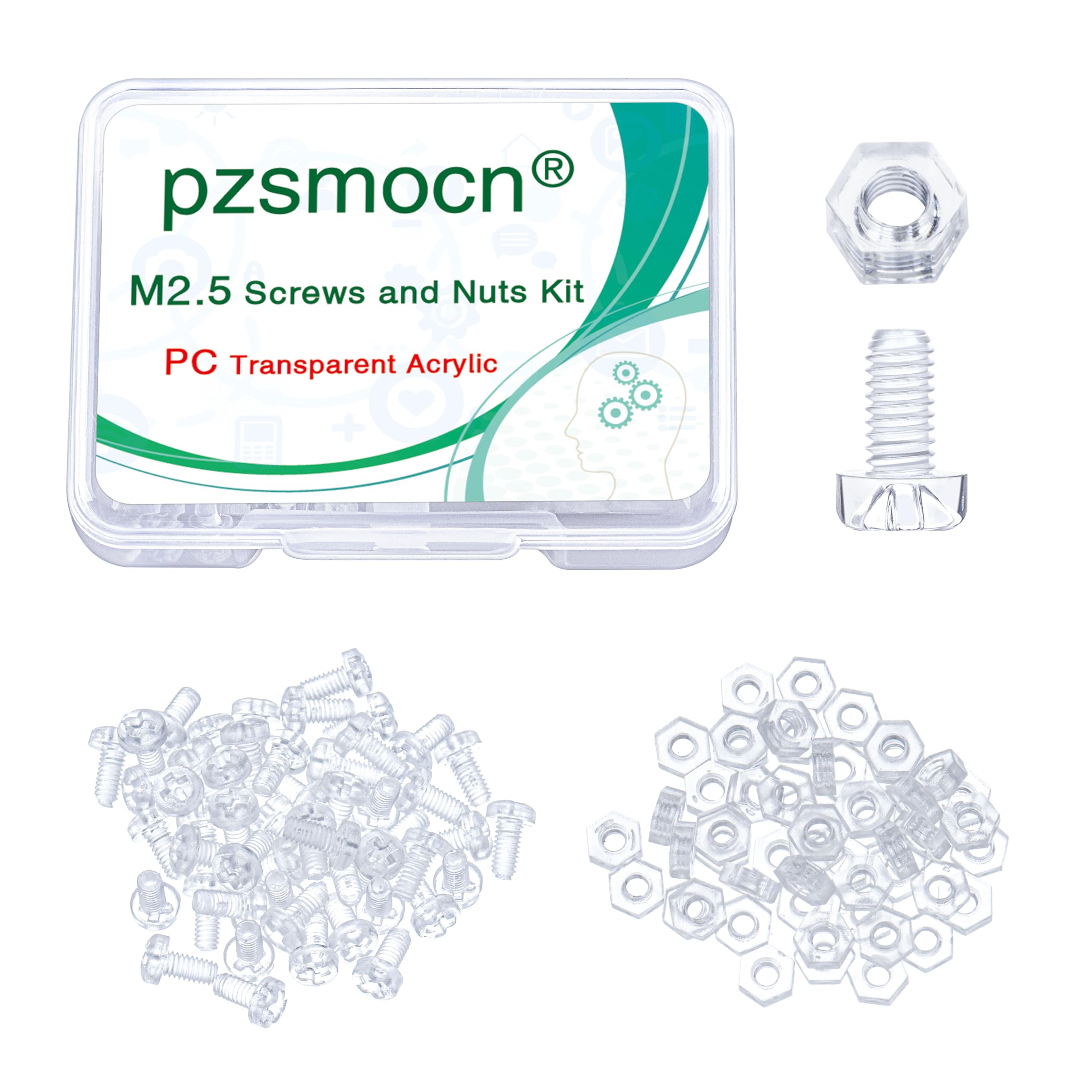 Pzsmocn 100 Pieces/50 Sets M2.5 * 5 mm PC Transparent Plastic Cross-recessed Round Head Screws and Hexagonal Nuts Kit, Corrosion-resistant, for DIY, Model and Electronic Product Fixation. — image 1