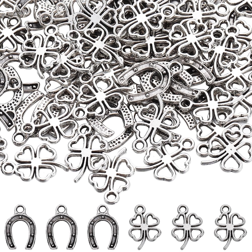 SUNNYCLUE 200Pcs Horseshoe Charms Silver Horse Shoe Charms Alloy Antique Lucky Shamrock Four Leaf Clover Wedding Charm Bulk for jewellery Making Charms Women Adult DIY Earrings Necklace Bracelet Craft