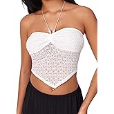 CIDER Halter Tops for Women Crochet Boho Backless Ruched Tie Back Vacation Beach Tank Crop Tops