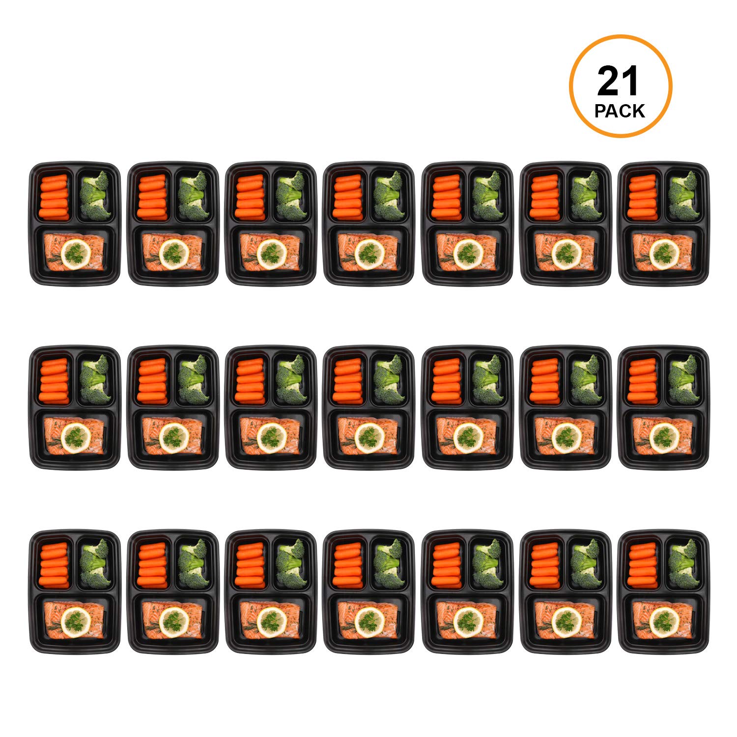 Freshware Meal Prep Containers 21 Pack 3 Compartments with Lids Food Storage Bento Box | BPA Free | Stackable | Lunch Box, Microwave/Dishwasher/Refrigerator Safe, Partial Control, 21 Days Fix (24 Ounces)