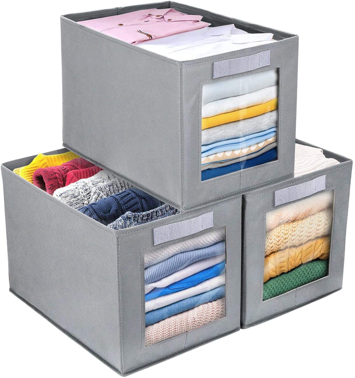 DIMJ Foldable Storage Boxes with Transparent Window Fabric Collapsible Storage Bin Basket with Handle for Wardrobe, Closet, Shelves Organiser (3 Pieces),Light Grey,34*23*23 cm