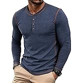 PEGENO Mens Henley Long Sleeve Button T-Shirt Casual Stylish Contrast Stitching Long Sleeve Shirts for Men