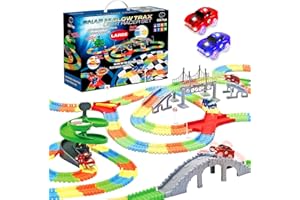 USA Toyz Large Glow Trax Race Tracks for Kids- 380pc Glow in The Dark Race Car Track Set with 360pk Bendable Roads, Roundabout Ramp, 2 Bridges, 2 Ramps, 2 LED Toy Cars, STEM Toys for Boys and Girls