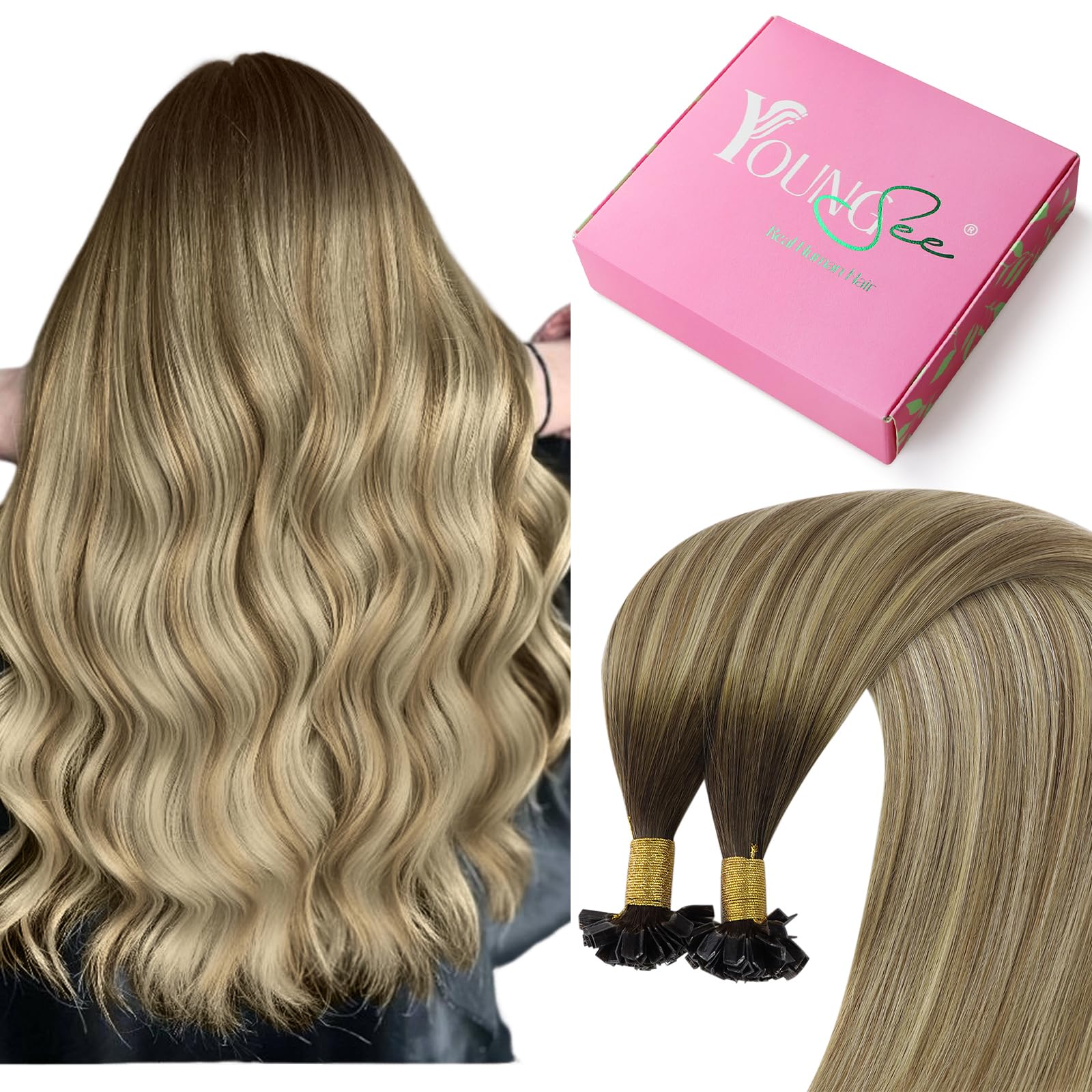 Photo 1 of YoungSee K Tip Hair Extensions Human Hair Balayage Ktip Hair Extensions Balayage Dark Brown to Blonde with Brown 16In 1g/s 50g