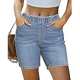 luvamia Jean Shorts for Women Trendy Pull On Mid Rise Elastic Waist Summer Casual Stretchy Long Denim Walking Shorts