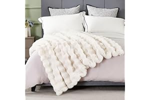 DREAMNINE Decorative Soft Thick Fuzzy Faux Rabbit Fur Throw Blanket for Couch Sofa, Reversible Plush Warm Fleece Fluffy Blanket for Winter, Luxury Cute Cozy Furry Blanket for Bed,50" x 60",Cream White