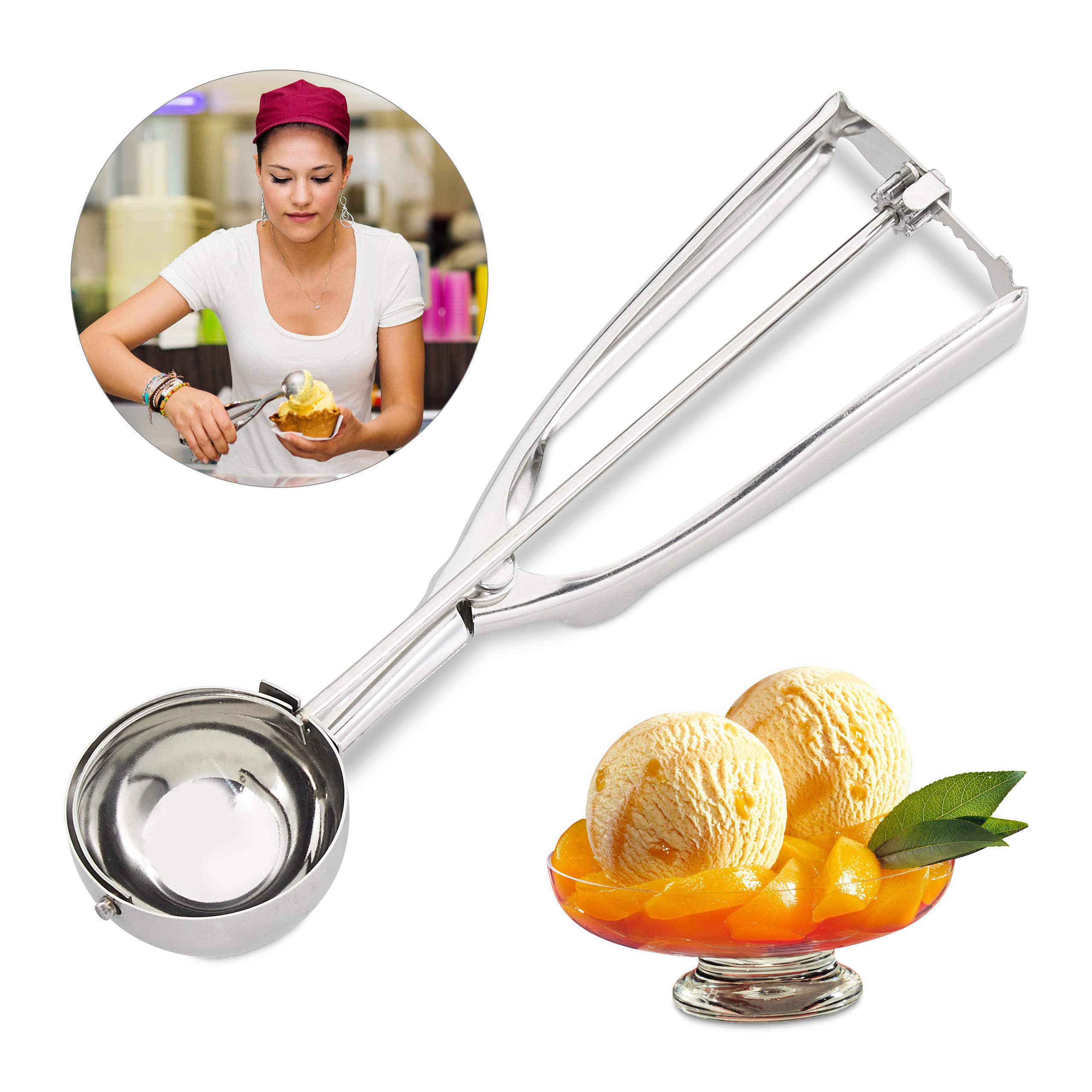 Relaxdays ice cream scoop stainless steel, with trigger, for ice cream, fruit, biscuit dough, large balls ∅ 50 mm, ice ball shaper, silver, 1 piece