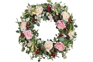 WANNA-CUL 24 Inch Large Spring Rose Flower Wreath for Front Door,Pink and Wine Red Floral Door Wreath with Eucalyptus Leaves for Wedding, Wall, Home Decorations