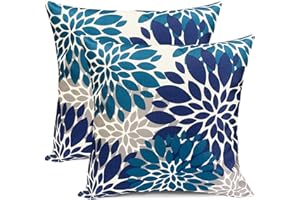 RYSMIYOU Decorative Throw Pillow Covers Set of 2 Blue Pillow Covers 18x18 inch Throw Pillows Linen Square Pillow Case,Farmhouse Outdoor Modern Floral Flower Pillow Covers for Couch Sofa Living Room