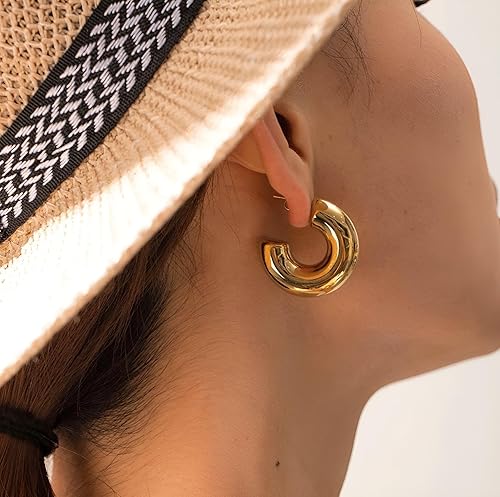 Chunky Gold Hoop Earrings for Women, Thick Gold Hoop Earrings