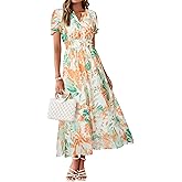 Simplee Women Floral Summer Maxi Dress Boho Flowy Casual Chiffon Short Sleeves V Neck Long Wedding Guest Dresses