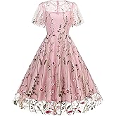 Vintage Embroidery Floral Dress for Women Flower Embroidered Tulle Prom Dress Mesh Flutter Sleeve Summer Homecoming Dresses for Women Formal Wedding Flare A line Cocktail Party Dress Pink-Seaweed L