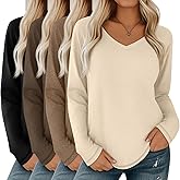 Velvelhall 4 Pack Women's Long Sleeve V Neck Shirts, Casual Loose Fit Tees Basic Tunic Tops Trendy Fall T-Shirts Outfits
