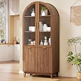 Pamapic 71" Tall Arched Cabinet with Glass Doors, Fluted Kitchen Pantry Cabinet, Modern Wood Storage Cabinet with Adjustable 