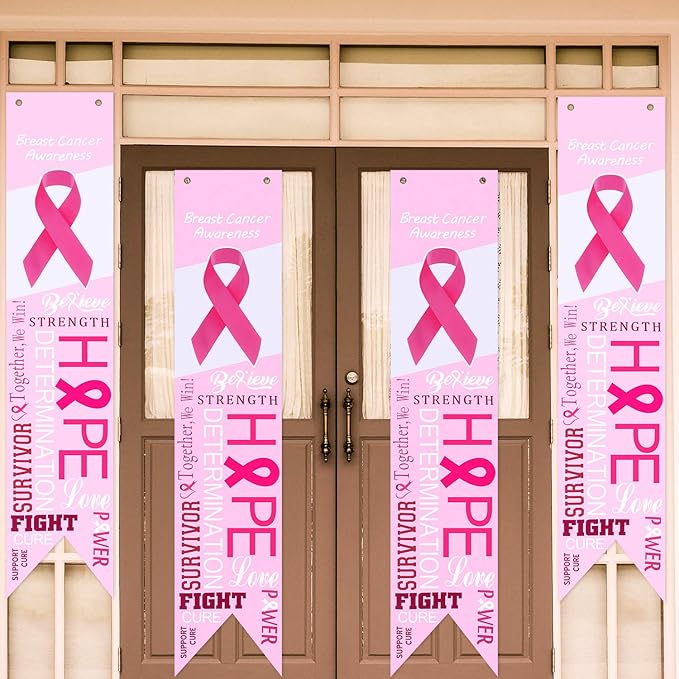 4 Pieces Pink Ribbon Hanging Banner Breast Cancer Awareness