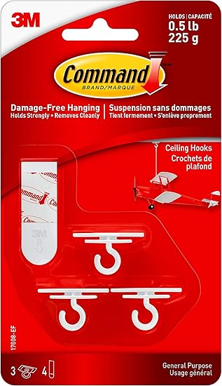 Command Ceiling Hook, White, 3 Hooks 4 