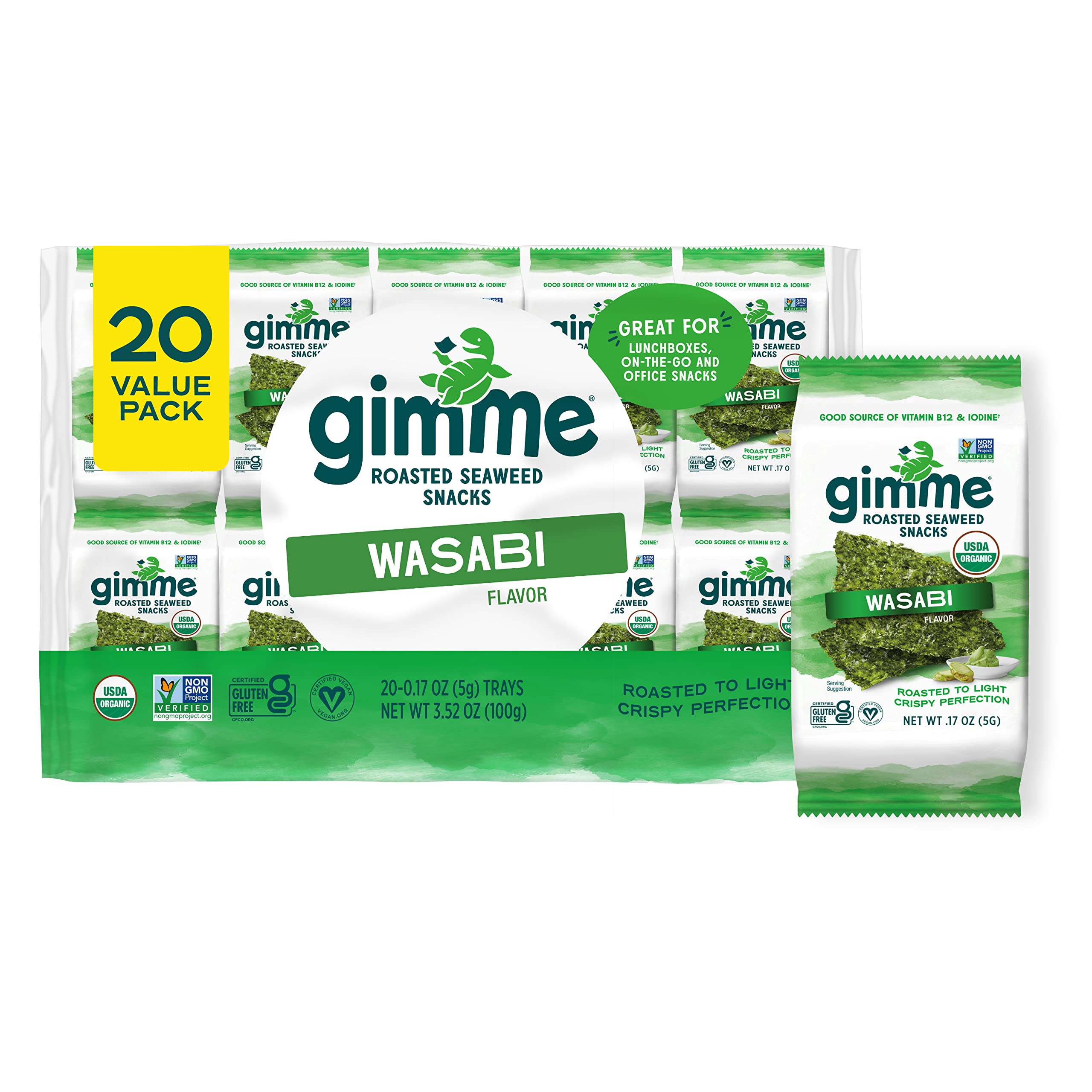 Photo 1 of **BB 8/20/25**Gimme Seaweed Organic Premium Roasted Seaweed Snacks, Wasabi, 20 Count, Keto, Vegan, Gluten-Free, Great Source of Omega3s and Iodine, Healthy On-The-Go Snack for Kids and Adults