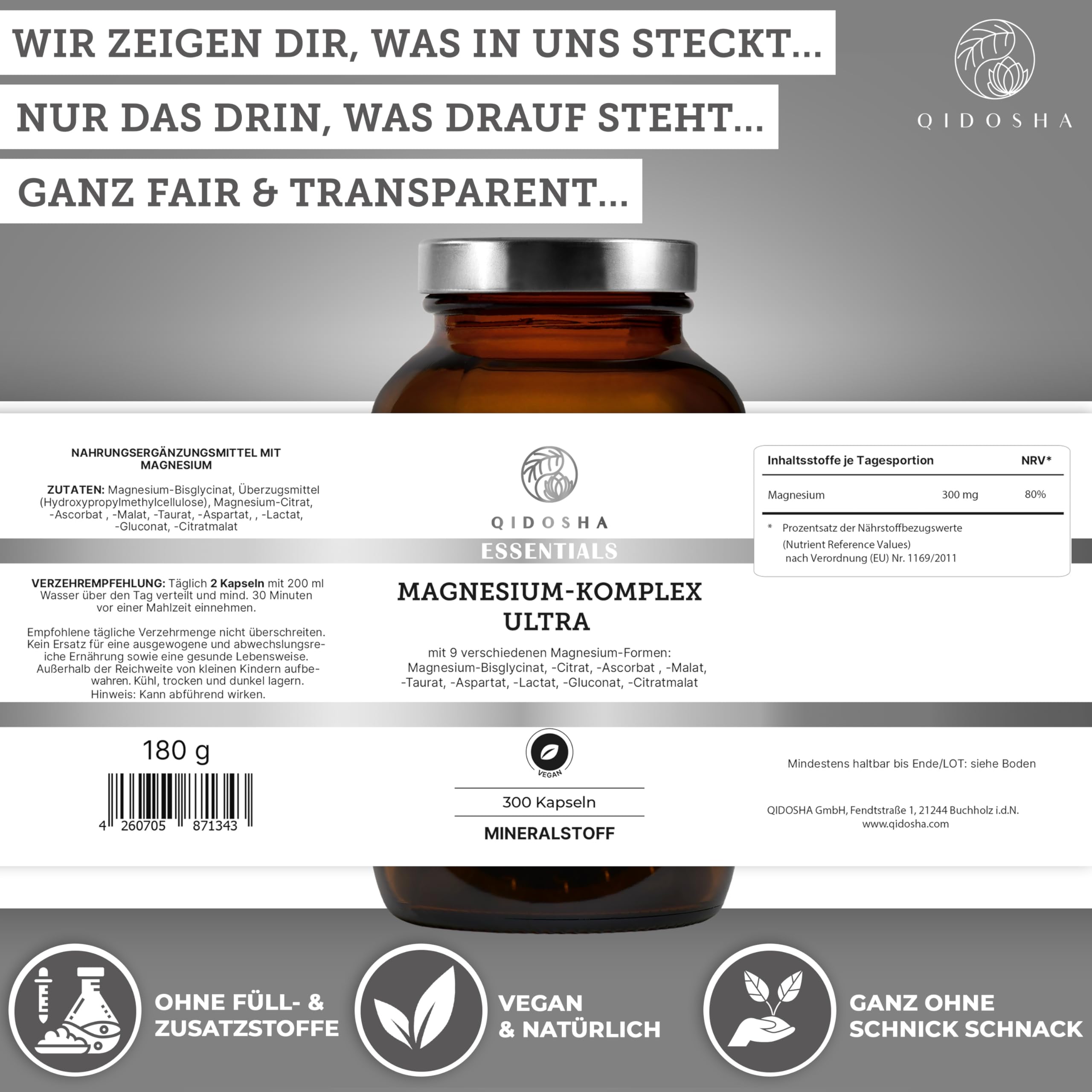 QIDOSHA® Magnesium Komplex hochdosiert, 300 Kapseln im Apothekerglas, 9 Mg-Formen mit sich ergänzenden Wirkschwerpunkten als Mg-Vollspektrum, 300mg elementares Magnesium/Tagesportion 4