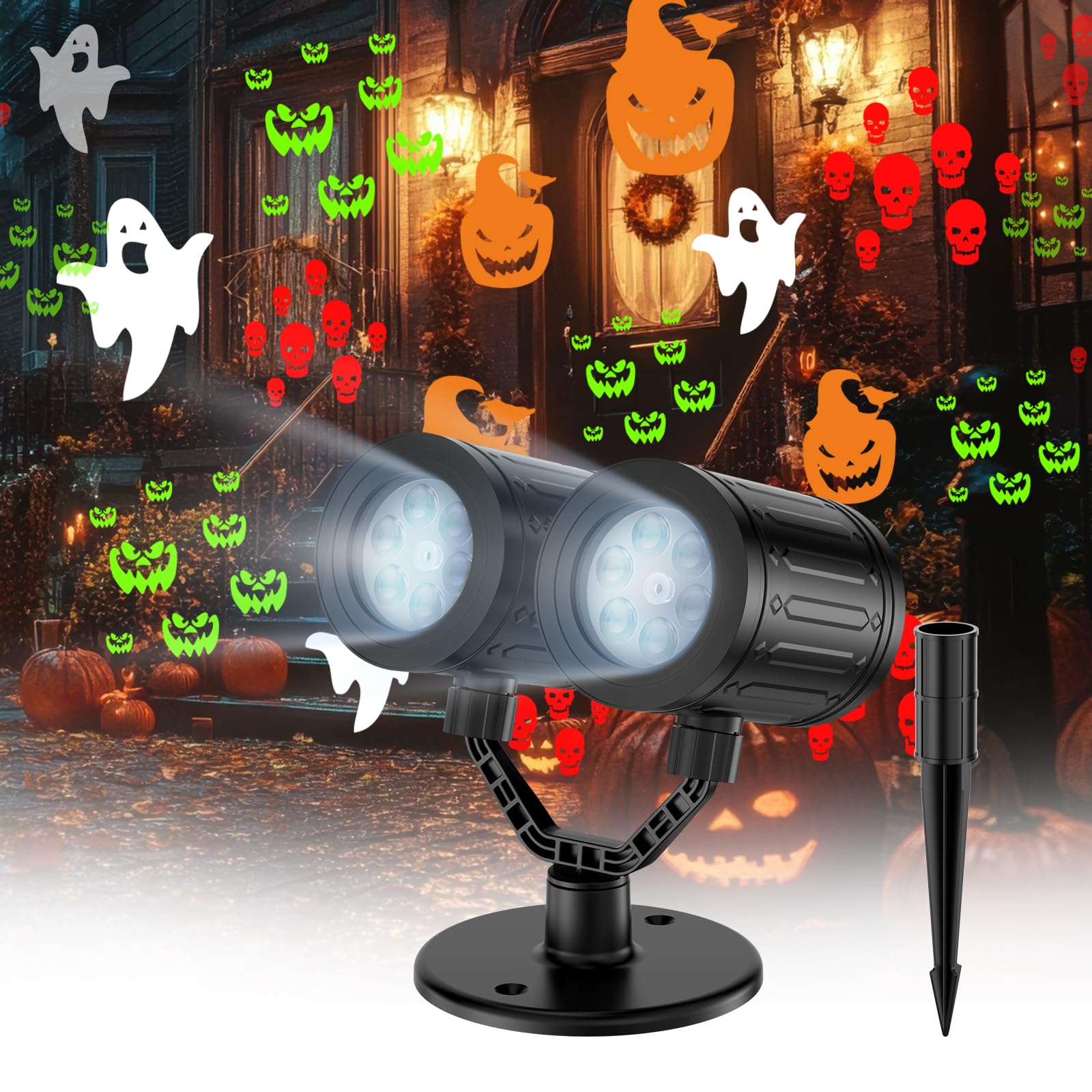 Photo 1 of afzdby Double Head Halloween Projector Lights Outdoor with Timer,IP65 Waterproof Dynamic Halloween Ghost Skeleton Pumpkin Devil Face Lights for Home Window Wall Decor