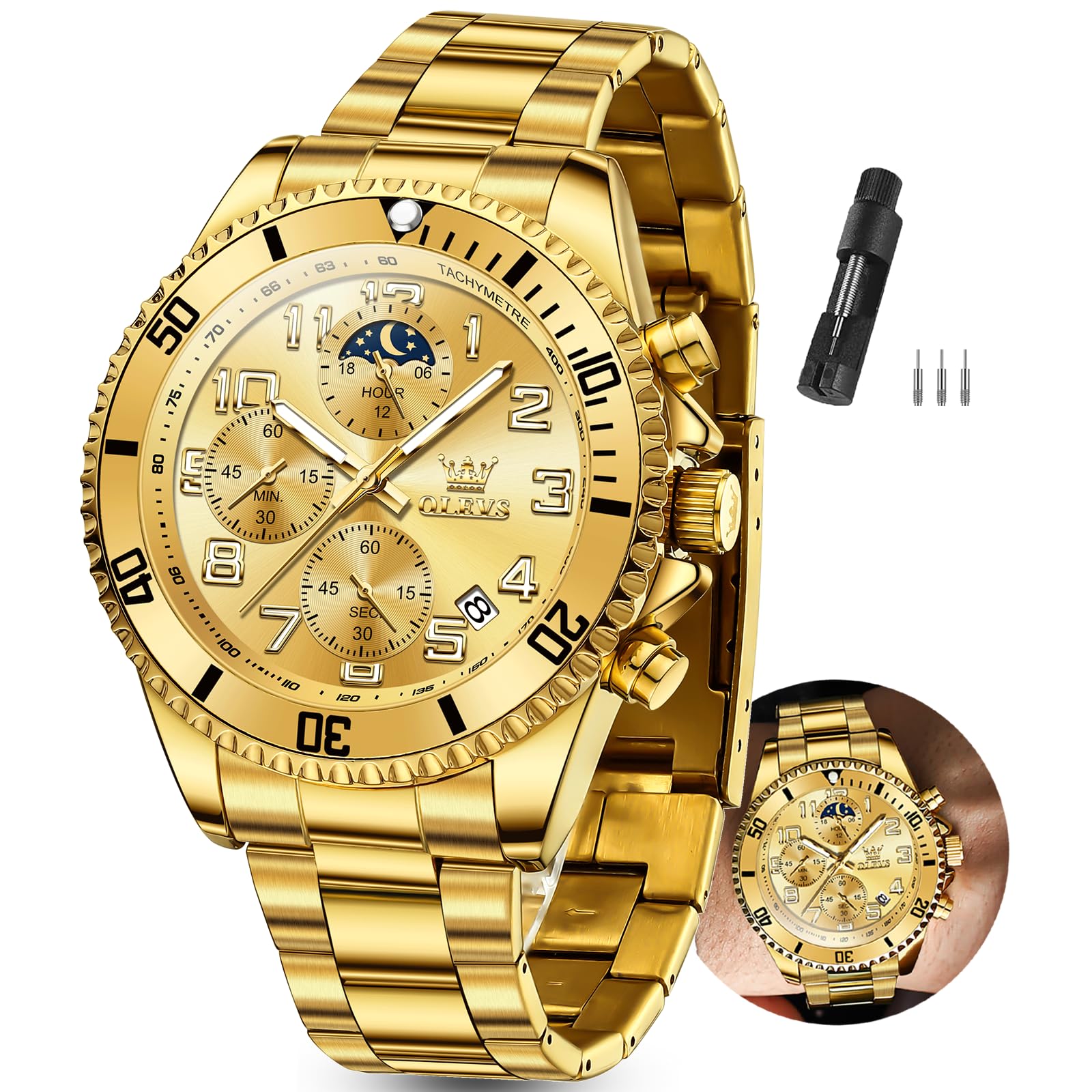 OLEVS Watches Men Waterproof Luxury Big Face Mens Watch Stainless Steel Day Date Quartz Analog Dress Watches for Men Luminous Relojes De Hombre (Green/Blue/Black/Gold)