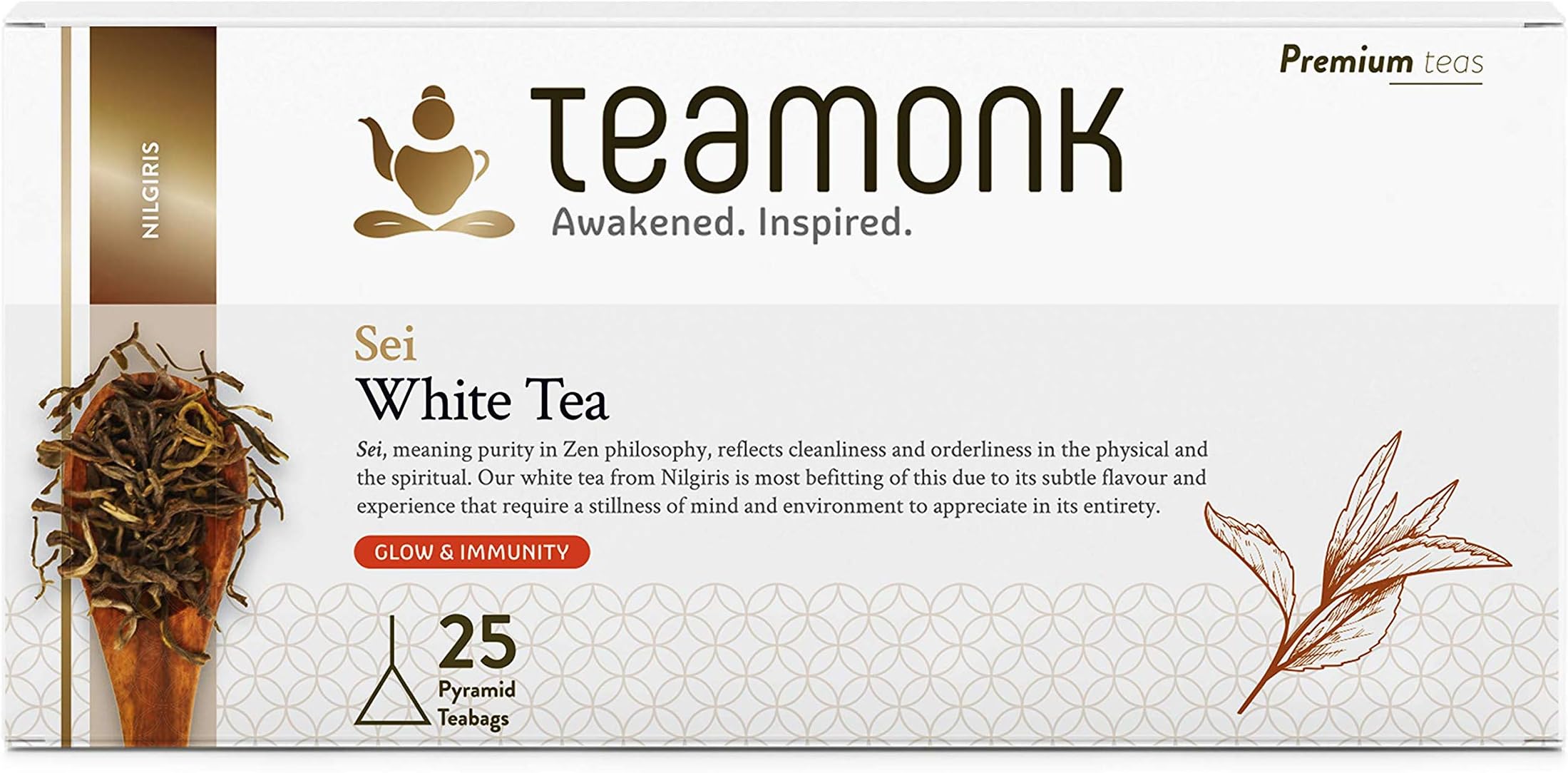Teamonk Sei Premium High Mountain White Tea Bags - 25 Tea Bags Filled With Whole Loose Leaves| 100% Natural Tea | Powerful Antioxidant Tea | Tea for Glowing Skin | Immunity Boosting Tea |No Additives