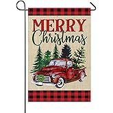 Merry Christmas Garden Flag Red Truck Xmas Trees 12×18 Inch Double Sided Buffalo Plaid Christmas Holiday Banner Burlap Yard Flag Winter Decor Outside Farmhouse Decoration