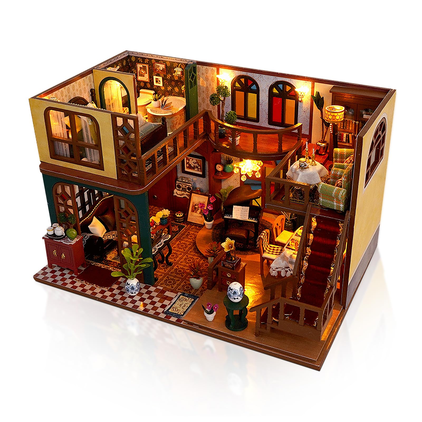Cuteefun DIY Miniature House Kits with Dust Cover, Wooden Dollhouse with LED, Tiny House Kit for Adults to Building, Unique Gift for Birthday Christmas' Day(Eastern Charm)
