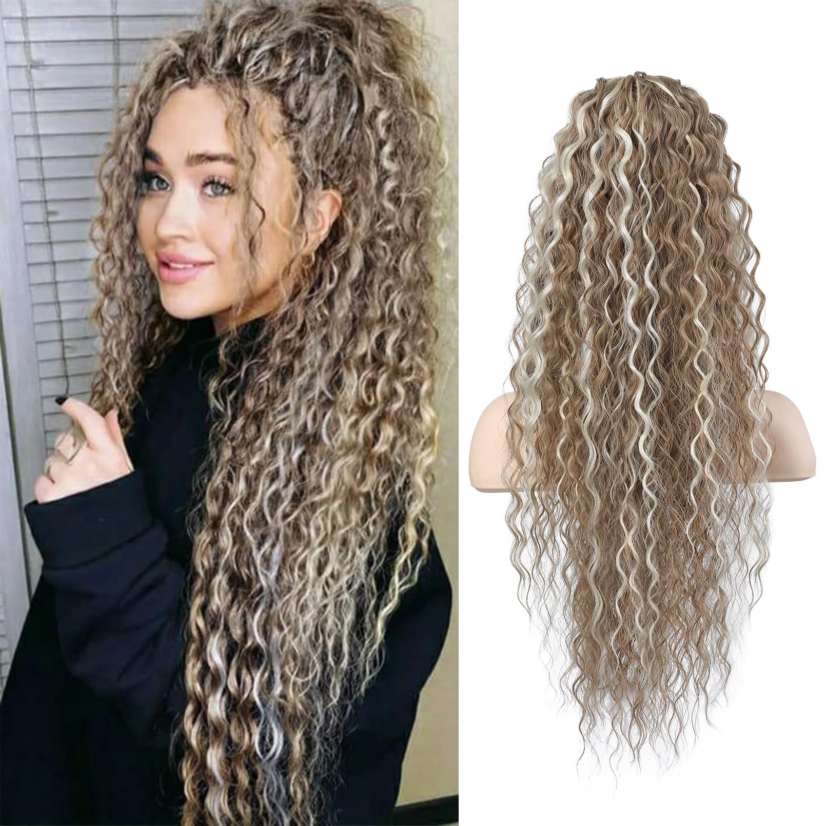 Photo 1 of SEIKEA Highlight Drawstring Ponytail Extension, PT005 Isabella 26" Long Bohemia Curly Pony Tail Multi Layered Light Soft Clip in Hair Extensions Ponytail Natural Dark Blonde White Blonde Highlight