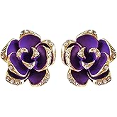 Navachi 18k Gold Plated Flower Blooming Stereo Rose Enamel White Crystal Omega Earrings