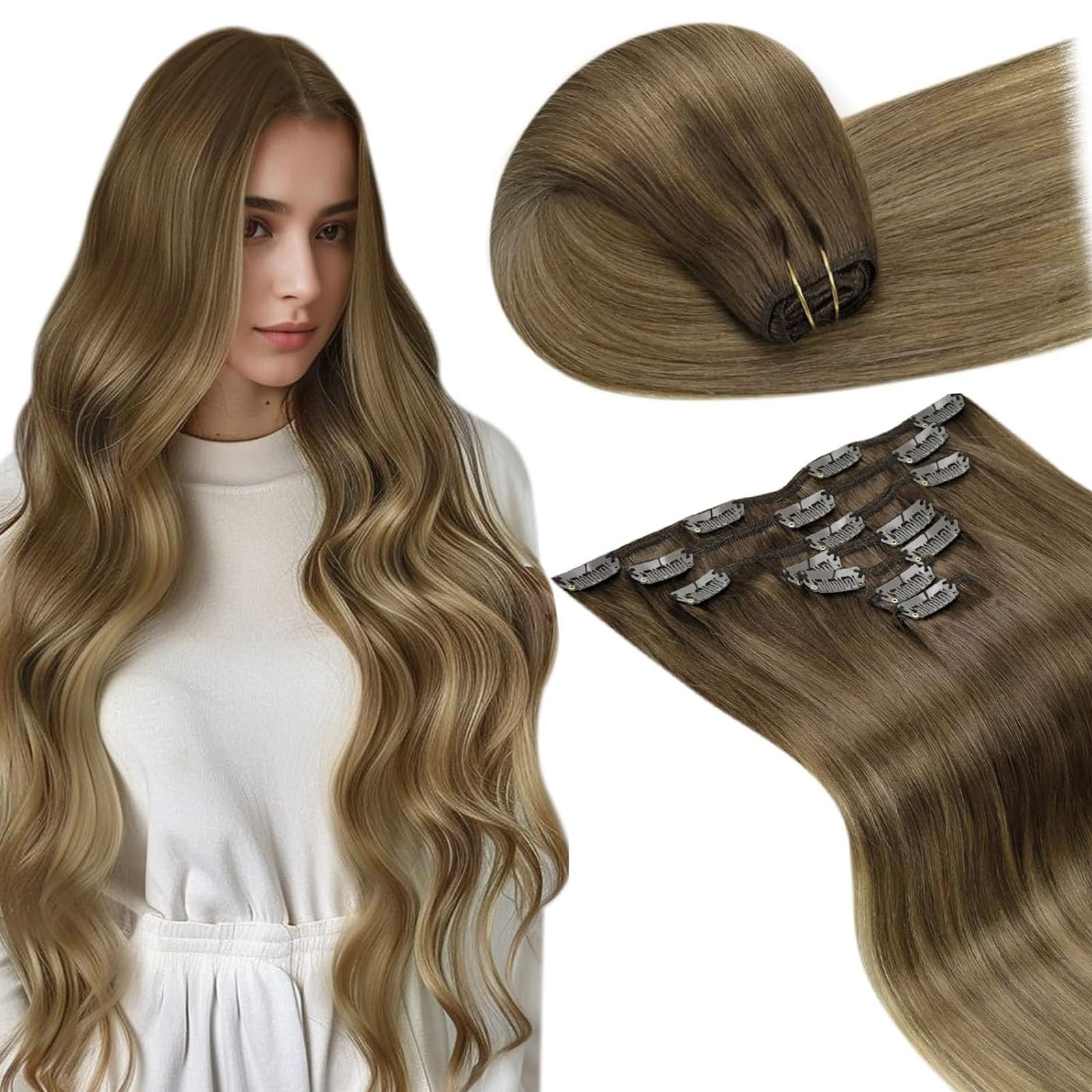 LaaVoo Clip in Hair Extensions Real Human Hair Brown Hair Extensions Clip in 20 Inch 120g 7pcs Full Head Straight Balayage Brown Shadows Remy Hair Double Weft #6/8/14