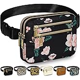 Capolo Fanny Packs for Women Fashion Waist Packs Bag with Adjustable Strap and 4 Zipper Pockets Waterproof Everywhere Crossbody Belt Bag for Workout Running Travelling(Black Flower)