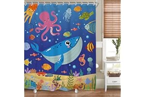 Riyidecor Kids Ocean Shower Curtain for Bathroom Decor 60Wx72H Cartoon Under Sea Animal Coastal Fish Whale Underwater Nature Marine Art Printed Fabric Polyester Waterproof 12 Pack Plastic Hooks