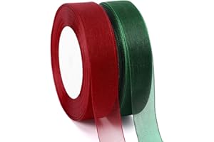 DECYOOL 2 Rolls 100 Yards Christmas Ribbons for Gift Wrapping, 4/5" Wide Christmas Organza Ribbons Wine Red Dark Green Holiday Chiffon Ribbon for Wreaths Festival Decoration and DIY