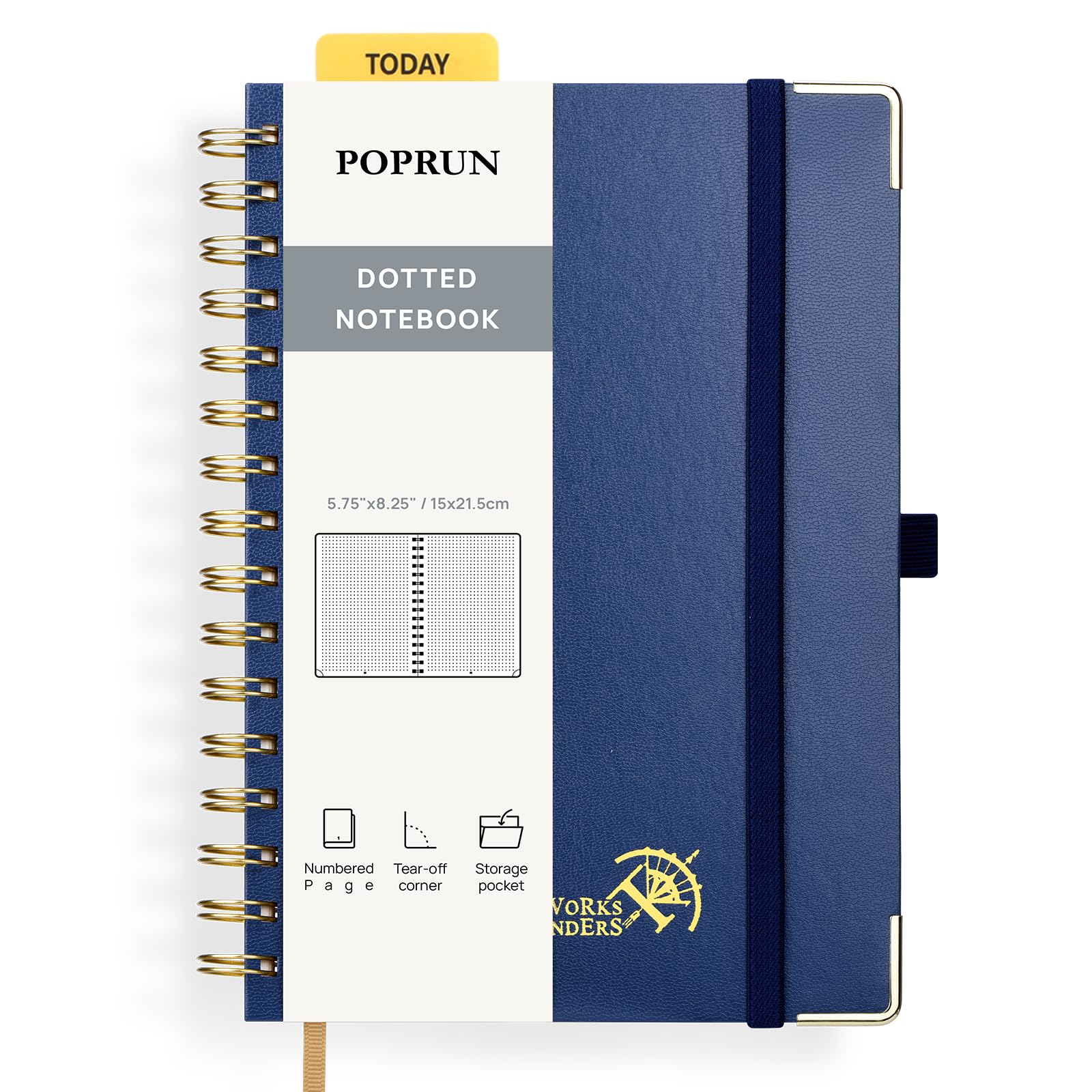 POPRUN Spiral Bullet Dotted Journal Notebook, [A5 Size] - 120 Gsm Thick Paper, 141 Numbered Pages, Wirebound Notepad for Men & Women with Pocket, Index Tabs, 8 Perforated Sheets, Navy blue