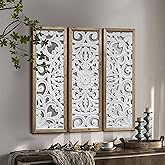 XIAOAIKA Vintage Farmhouse Carved Floral Wood Wall Art Panels, Set of 3 | Distressed white finish, boho design, solid wood frame, each panel measures 12 &times; 35.5 in, ready for living rooms or bedrooms.