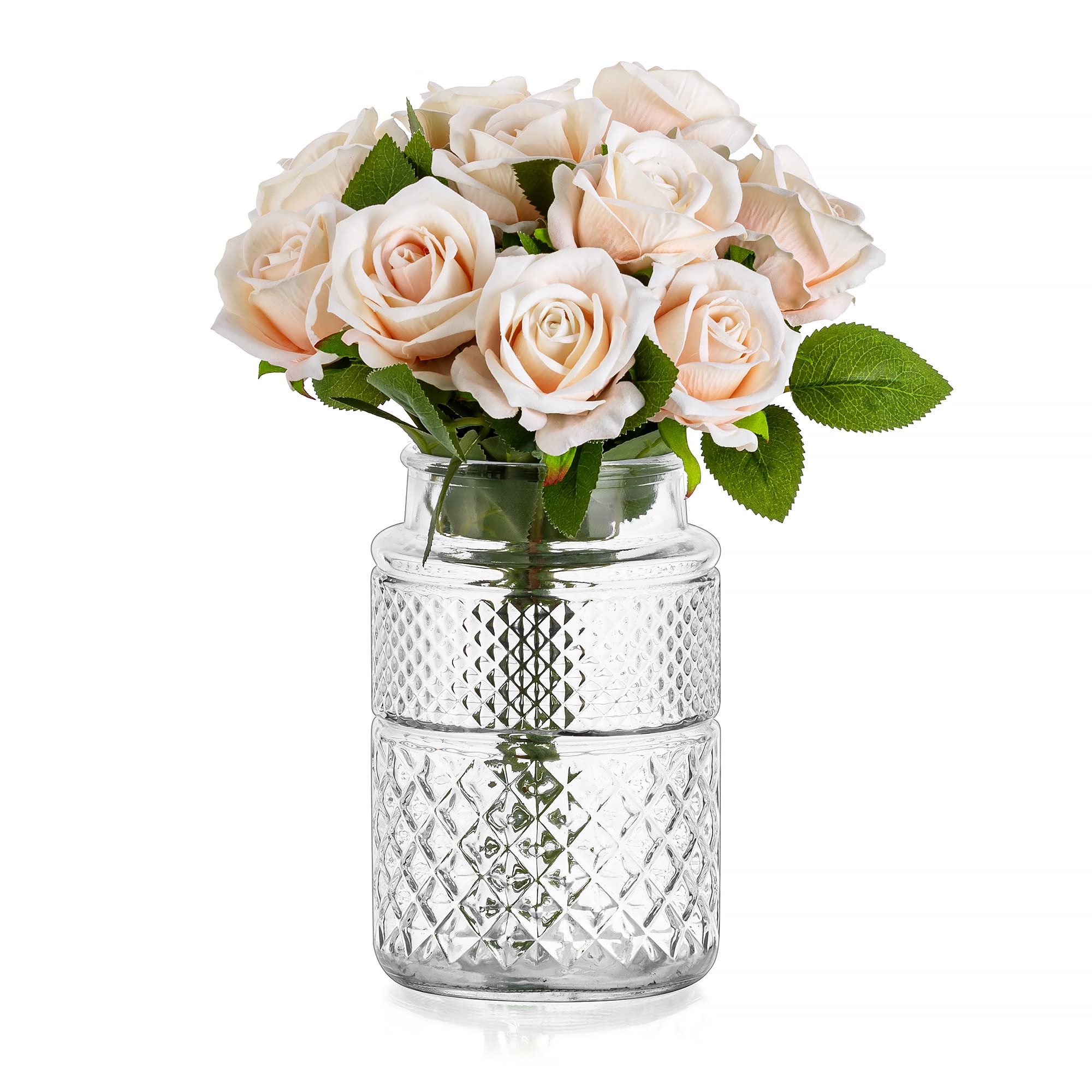 Vintage Crystal Glass Flower Vase, Glasseam 1Pc 20cm Tall Cylinder Large Wide Neck Big Clear Vases for Wedding Dining Table Centrepiece Decoration Living Room Ornaments for Bouquet Artificial Tulip