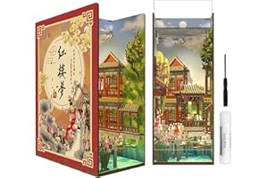 Tonecheer DIY Book Nook Kit for Adults, 3D Wooden Puzzle Bookend Bookshelf Insert Library Decor, Chinese Booknook Miniature House Kit with Body Motion Sensor LED Light (Dream of Red Mansions)