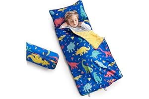 ARIANAUT Toddler Nap Mat with Removable Pillow & Minky Blanket Sleeping Bag for Kids Handle & Fastening Nap Mats for Preschool Daycare Kindergarten Kids Sleeping Bag (Ages 2-7 Years) Blue Dinosaur