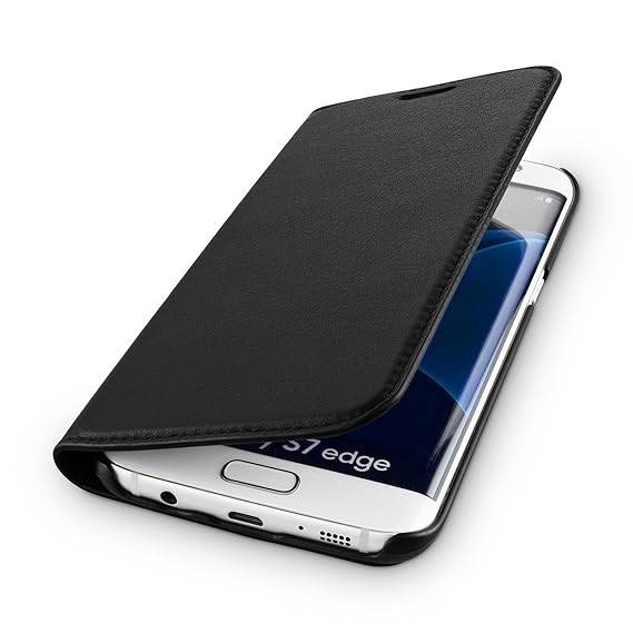 WIIUKA Echt Ledertasche -TRAVEL Nature- für Samsung Galaxy S7 Edge -DEUTSCHES Leder- Schwarz, mit Kartenfach, extra Dünn, Tas