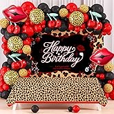 Cheetah Print Birthday Party Decorations Balloons Kit Backdrop Tablecloth Party Pack, Foil Balloons Red Cherry Print | Red Lips | Cheetah Pattern for Girls Women