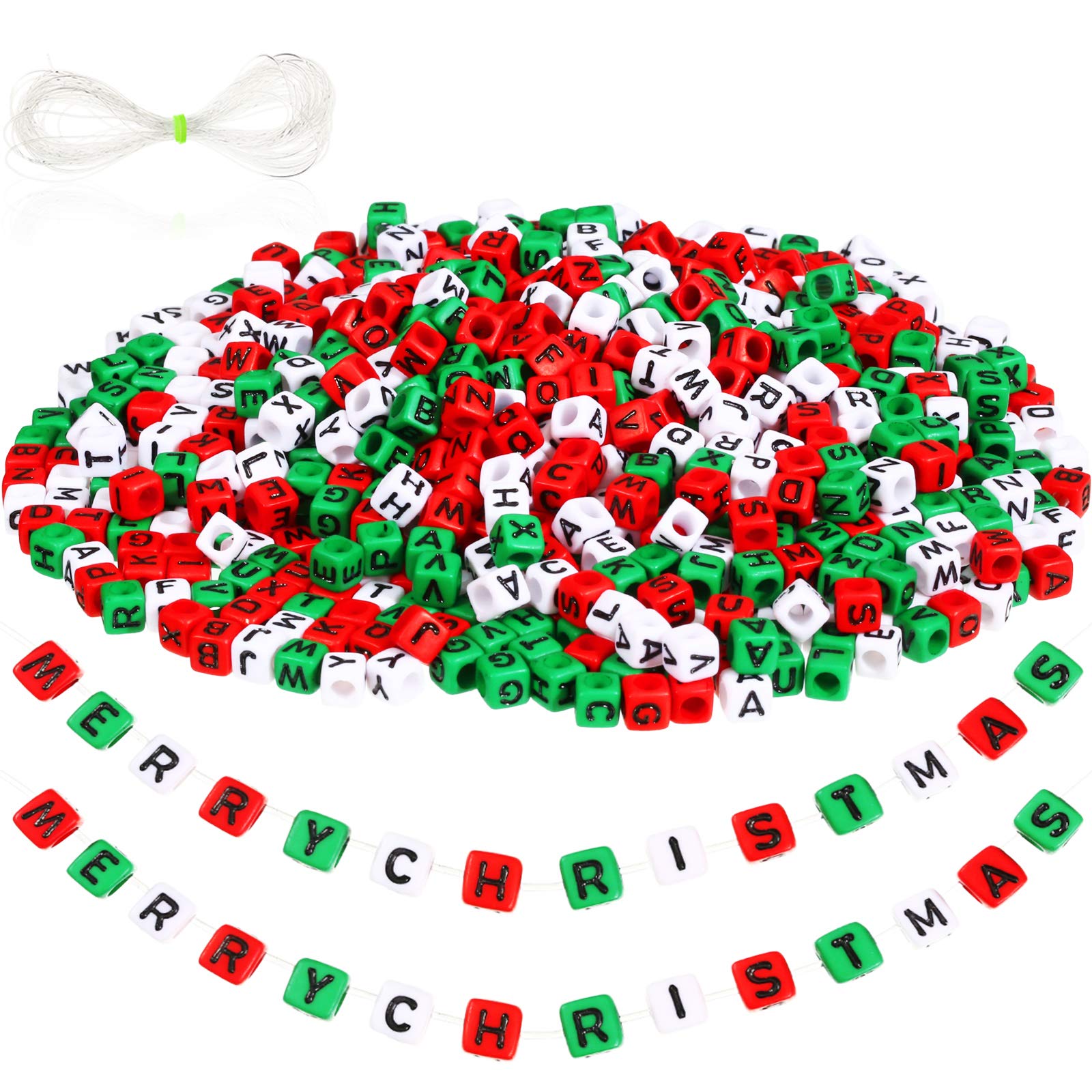 1140 Pieces Alphabet Beads Kit Christmas Letter Beads Square Plastic Alphabet Letter Beads and Transparent Rope for Jewelry Making Bracelet Necklace Key Chains Craft Christmas Decorations