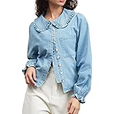 Womens Puff Long Sleeve Denim Shirts Peter Pan Collar Button Down Jean Blouse Casual Denim Tops with Pocket