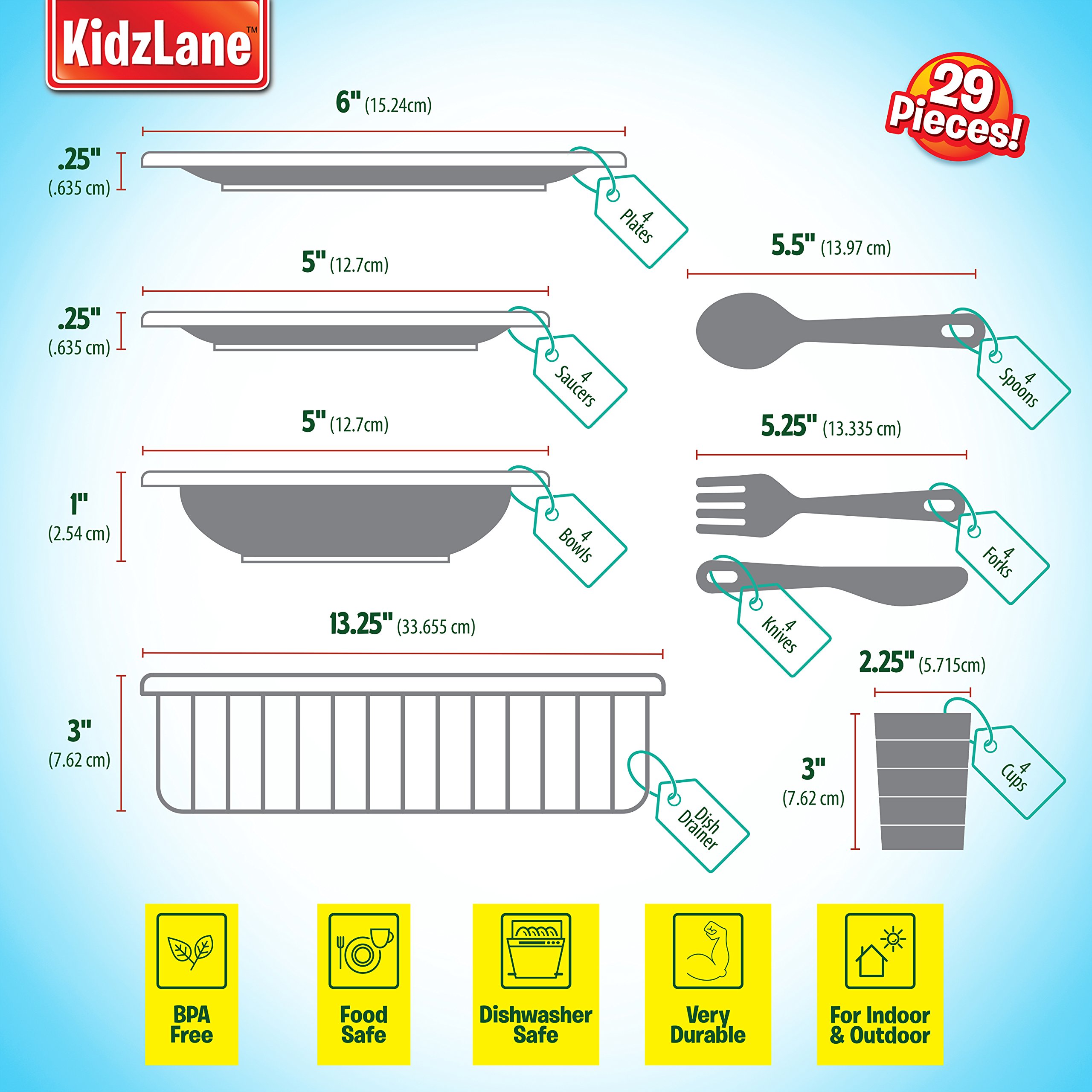 Kidzlane Kids and Toddler Dishes - Kids Play Kitchen Accessories Set - Dishwasher Safe Plastic Play Dishes - Kitchen Toys - Toy Plates and Dishes for Kids Kitchen Set