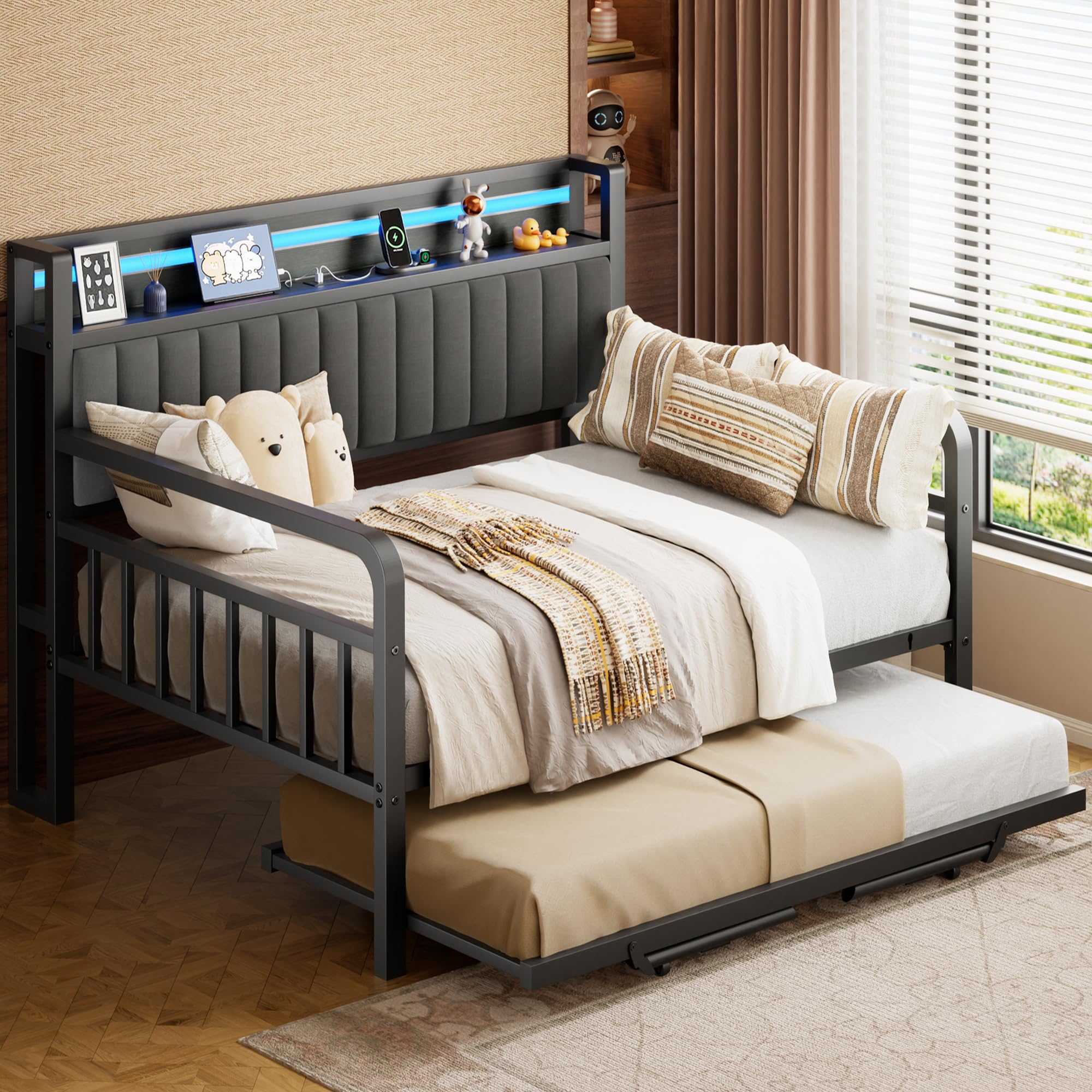 Photo 1 of Daybed with Pop Up Trundle and LED Light, Heavy Duty Metal Full Bed Frame with Upholstered Storage Headboard and Charging Station, Sturdy Day bed for Living Room, Bedroom and Guest Room (Black)