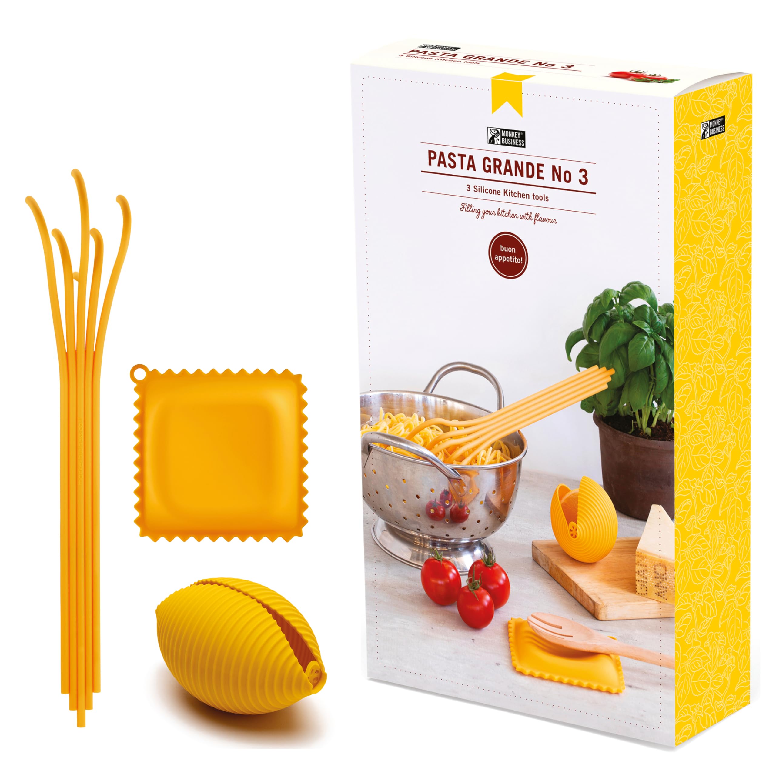 Monkey Business Silicone Kitchen Tools in Gift Box/ 3 Big Pasta Shaped Kitchen Gadgets/Ravioli Spoon Rest, Conchiglie Lemon Squeezer, Spaghetti Serving Spoon/Pasta Grande No. 3