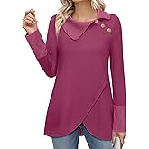 Bebonnie Women's Long Sleeve Lapel Neck Lightweight Sweatshirt Pullover Tunic Tops with Buttons