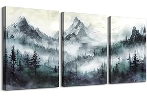 TTHYUEWS Canvas Wall Art For Bedroom Wall Decorations For Living Room Modern Office Wall Decor Misty and Fog Mountain Forest Wall Painting Landscape Wall Pictures Artworks Room Home Decor 3 Piece